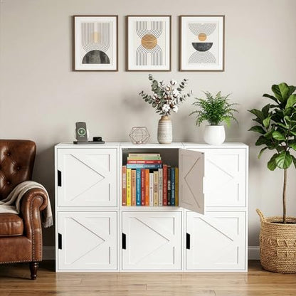 Fasmov Stackable Cube Storage Organizer, Multifunctional Wood Cubby Bookshelf with Door, Easy Assembly DIY Storage Bin, Durable Classic Storage Unit for Bedroom Living Room Office, White