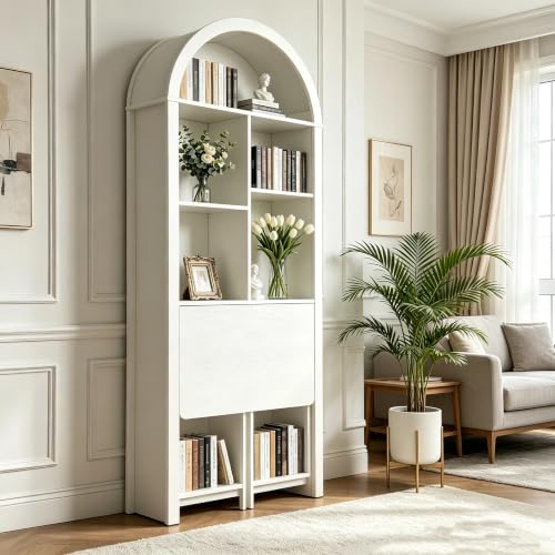 70.8" Tall Arched Bookcase & Folding Craft Desk,Convertible Hideaway,White - color: Brown, size: 29.53"L x 9.45"W x 70.8"H