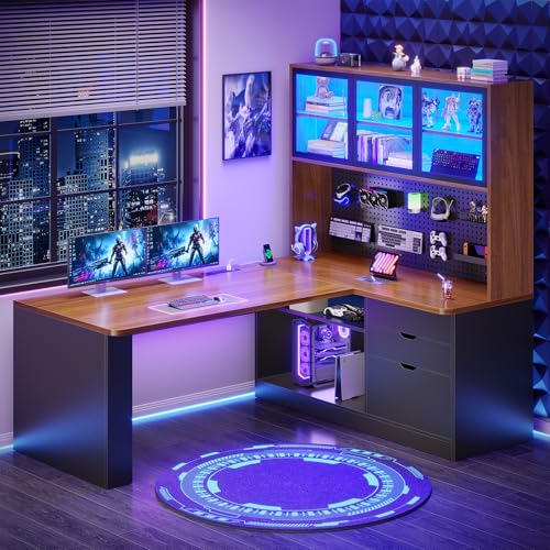 SEDETA L Shaped Computer Office Desk with 3 Wood Drawer and Large Bookshelf - color: Brown