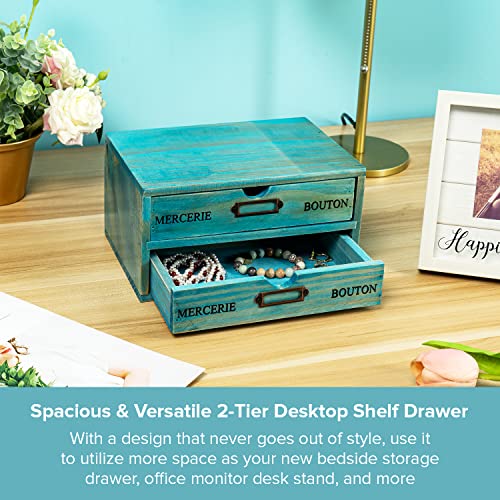 Turquoise 2-Tier Drawer Unit - European Country Style Desk Organizer Box - 9.7x7x5.1" Teal Wooden Stackable Drawers - Countertop Organizer Drawers w/Label Holder - Double File Drawer Unit - style: 2 Drawer I 5.1"