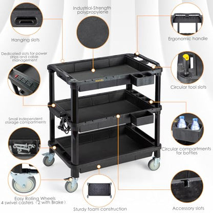 3-Shelf Rolling Utility Cart with Power Strip, 32.4 x 18.3 in | Multi-Use Rolling Cart, Deep Shelves, Industrial-Grade Plastic Cart, Service Tool Cart, Work Cart, AV Equipment Storage - style: With Power Strip