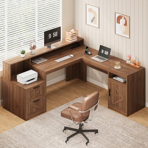 63" Farmhouse L Shaped Desk with Drawers & Printer Shelf for Home Office | Corner Computer Desk with Storage, Power Outlets, L Shaped Office Desk with Monitor Stand, Printer Shelf, Brown - color: Brown