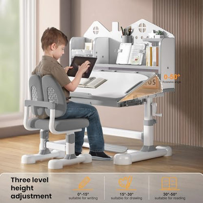 Kids Desk and Chair Set- 3-12 Height Adjustable Ergonomic Art Desk | School Study Desk, 50° Tiltable Desktop, Easy-Turn Crank, Storage Drawer & Built-in Bookstand for Children Boys & Girls - color: 015-grey-31.5in