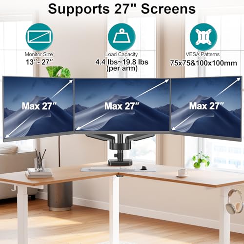 MOUNT PRO Triple Monitor Mount for 13-27 inch Screens, 3 Monitor Desk Mount, Height Adjustable Triple Display Stand, Full Motion Three Computer Arm Hold up to 17.6lbs Each, VESA 75x75, 100x100 - style: Max 27“ Gas Spring（parallel）