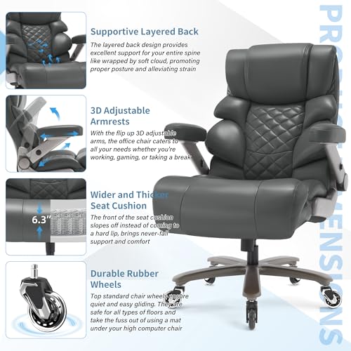 VUZI 700lbs Big and Tall Office Chair, Large Executive Leather Desk Chair - color: Grey