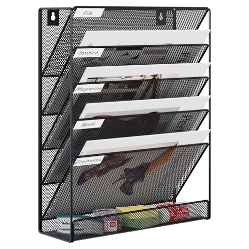 EasyPAG 5 Tier Wall File Holder, Mesh Hanging Folder Organizer with Classify Label, Versatile Desk File Holder, Vertical Wall Mounted Mail Organizer for Office Home Cubicle, Black - color: Black
