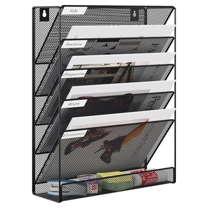 EasyPAG 5 Tier Wall File Holder, Mesh Hanging Folder Organizer with Classify Label, Versatile Desk File Holder, Vertical Wall Mounted Mail Organizer for Office Home Cubicle, Black - color: Black