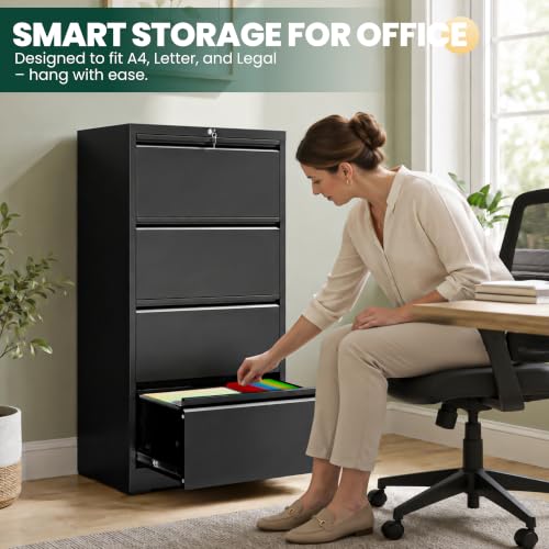 4 Drawer Lateral File Cabinet with Lock, File Cabinet for Home Office,Black | Heavy-Duty Steel Locking File Cabinet, Hanging Letter/Legal/A4 Size, Full-Extension Silent Drawer, Un-Assembly - color: Black, size: 4 Drawers