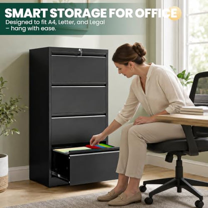 4 Drawer Lateral File Cabinet with Lock, File Cabinet for Home Office,Black | Heavy-Duty Steel Locking File Cabinet, Hanging Letter/Legal/A4 Size, Full-Extension Silent Drawer, Un-Assembly - color: Black, size: 4 Drawers