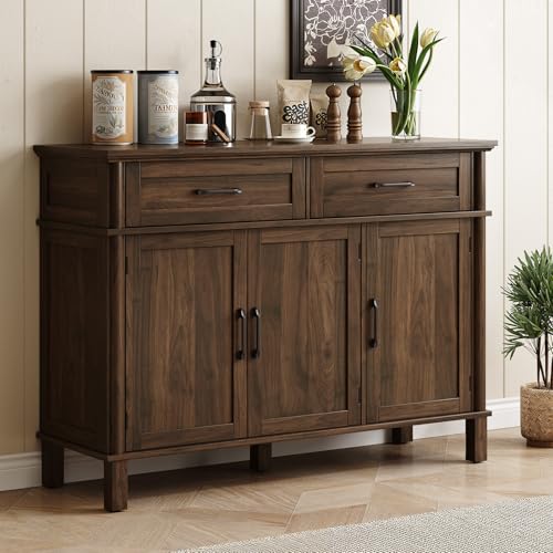 55 Inch Buffet Cabinet with Storage, Walnut | Farmhouse Sideboard Buffet w/2 Drawers and 3 Doors, Wood Coffee Bar Cabinet with Adjustable Shelves for Kitchen, Living Room - color: Walnut, size: 55 Inch