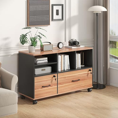 2 Drawer File Cabinet for Home Office, Lockable Rolling Filing Cabinet with Adjustable Shelves, Wood Lateral File Cabinet with Lock, Printer Stand Office Storage Cabinet, Rustic Brown & Black - color: Walnut and Black-2 Drawers