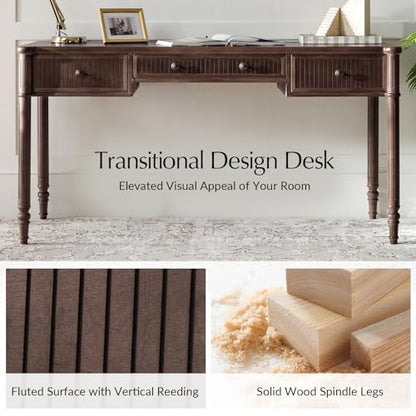 HULALA HOME 60 Inches Fluted Writing Desk with Charging Station, Walnut - color: Walnut
