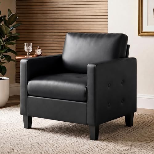 Black Comfy Accent Chair, Faux Leather Living Room Chair | STHOUYN, Mid-Century Modern, Cozy, Office, Reading, Tufted Seat and Armrest, Reception Armchair, Bedroom, Waiting Room - color: Black, size: 1