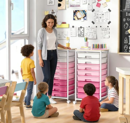 SYKIARIOL Rolling Cart with Drawers,Utility Cart with 8 Drawers,Rose Pink - color: Rose Pink