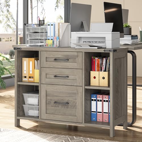 Vabches File Cabinet with 3 Drawers, Farmhouse Lateral File Cabinet Fits Files Letter/A4 Size, Wooden Filing Cabinet with Adjustable Shelves Printer Stand for Home Office, Grey - color: Grey