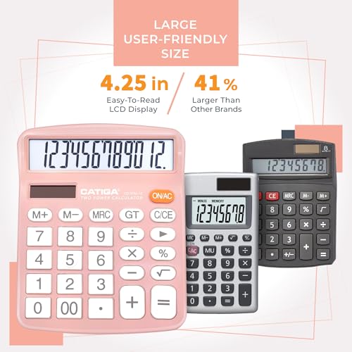 CATIGA 12 Digits Desktop Calculator with Large LCD Display and Sensitive Button, Dual Solar Power and Battery, Standard Function for Office, Home, School, CD-2786(Light Pink) - color: Light Pink