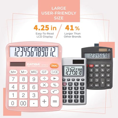 CATIGA 12 Digits Desktop Calculator with Large LCD Display and Sensitive Button, Dual Solar Power and Battery, Standard Function for Office, Home, School, CD-2786(Light Pink) - color: Light Pink