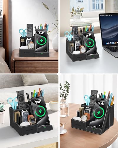 Wireless Charger with Desk Organizer, 3 Compartments and 1 Phone Stand - color: Black
