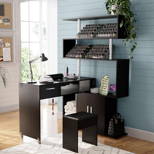 Kikihouse Manicure Table Nail Desk with Stool, Rotating L-Shaped Nail Tech Desk with Dust Collector, Two-Way Drawer, Cabinet & Storage Shelves, Reversible Manicure Workstation on Wheels (Black) - color: Black