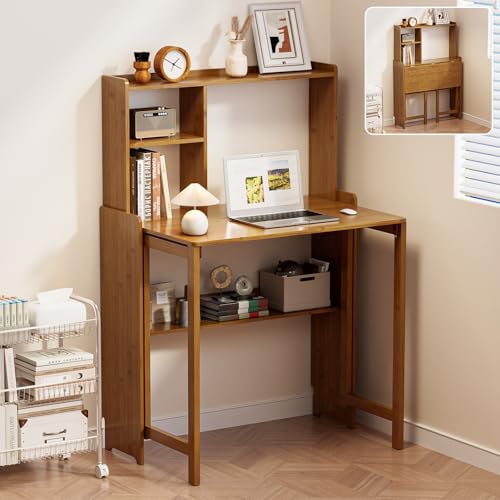 Folding Desk for Small Spaces, Bamboo Foldable Desk with Bookshelf, Brown - color: Brown, size: 47.24"H x 21.65"D x 32.28"W