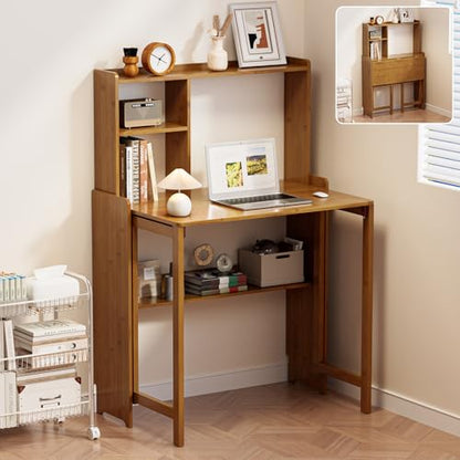 Folding Desk for Small Spaces, Bamboo Foldable Desk with Bookshelf, Brown - color: Brown, size: 47.24"H x 21.65"D x 32.28"W