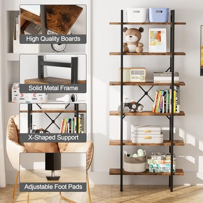 6 Tiers Bookshelf Organizer Industrial Tall Shelving, Modern Open Bookcase - color: Rustic Brown, size: 6-Tiers