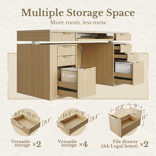 59 Inch Electric Standing Desk with Drawers, Light Walnut | Executive Standing Desk with Keyboard Tray, 8 Storage Drawers, File Cabinet, AC/USB, Fluted Stand Up Desk with Privacy Panel
