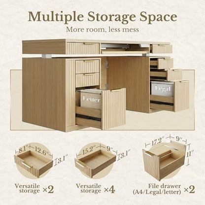 59 Inch Electric Standing Desk with Drawers, Light Walnut | Executive Standing Desk with Keyboard Tray, 8 Storage Drawers, File Cabinet, AC/USB, Fluted Stand Up Desk with Privacy Panel