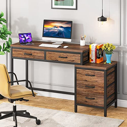 Tribesigns Computer Desk with 5 Drawers, Reversible Home Office Desks - color: Rustic Brown