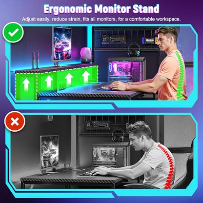 DurayLoly 63" Gaming Desk with RGB LED,Headphone Hook Shelves for Bedroom - color: Black, size: 19.6"Dx63"Wx51"H