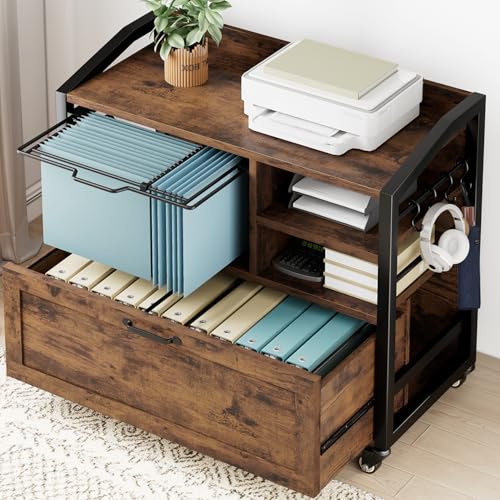 HSH 33 Inch Filing Cabinet for Home Office,Rustic Brown File Cabinet | Mobile Rolling Printer Stand with Storage Shelf with Drawer for Legal Letter Size,Lockable Wheels,Hanging File Organizer - color: Rustic Brown, size: Large Drawer
