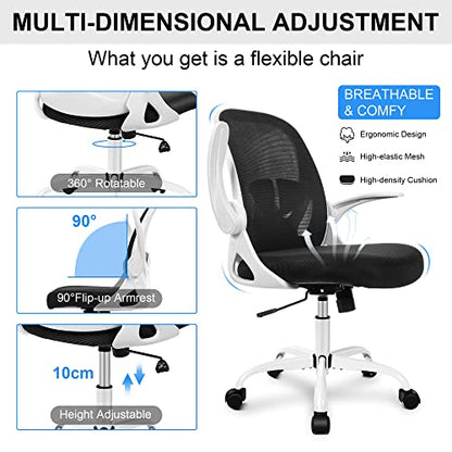 Office Chair Ergonomic Desk Chair with Flip up Armrests Swivel Breathable Desk Mesh Computer Chair with Adjustable Lumbar Support and Height for Conference Room (White) - color: White