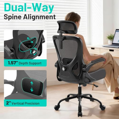 AreShark Office Chair - Ergonomic Desk Chair Breathable Mesh Chair with 2D Headrest & Adjustable Lumbar Support - Executive High Back Rolling Swivel Computer Gaming Chair with Wheels Flip-up Armrests - color: Dark Gray/Black