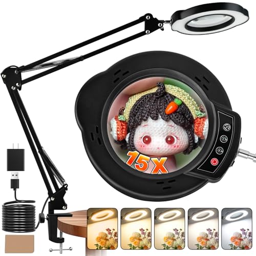 15X Magnifying Glass with Light and Clamp, Lighted Magnifying Glass Desk Lamp LED Magnifier Lamp with Light and Clamp 5 Color Mode 10 Brightness Dimmable Magnifier Lamp for Reading Close Work Craft - size: Clamp