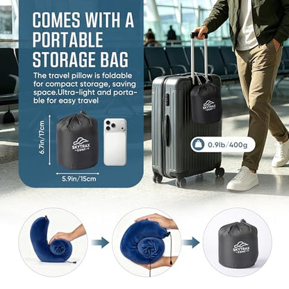 SkytraxComf® Travel Neck Pillow with Hood for Privacy on Long Flights | Memory Foam | Airplane Sleep | Safety-Tested Materials | Extra Large Hood | Chin Support | Earplugs | Washable Cover - color: Navy Blue