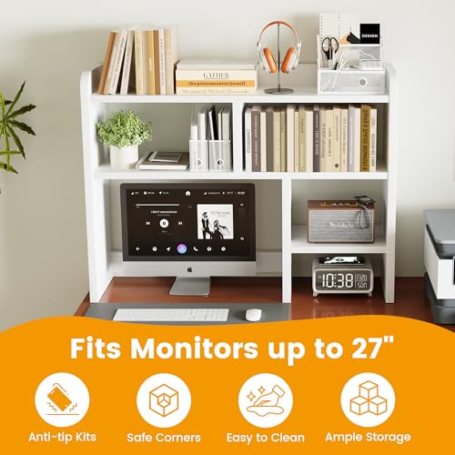 Desk Shelf, Desktop Hutch with 6 Storage Areas, Desktop Organizer Shelf with 27" Large Monitor Compartment, Multipurpose Wood Desktop Display Rack for Computer Desk, Dorm, Office, Home (White)