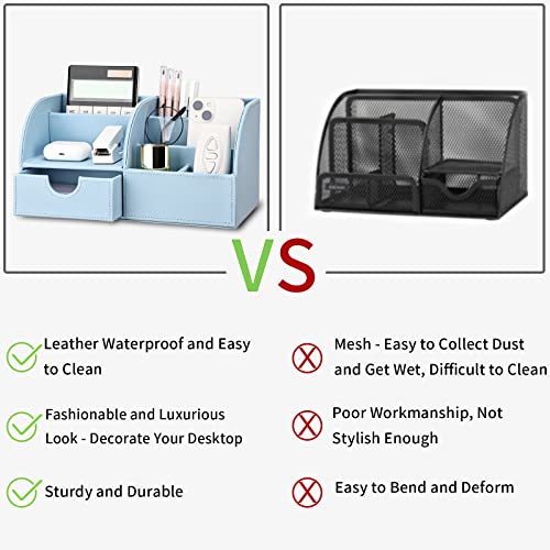 Pu Leather Desk Organizer Pen Pencil Holder Office Supplies Caddy Storage Box 6 Compartments with Drawer Blue - color: Blue