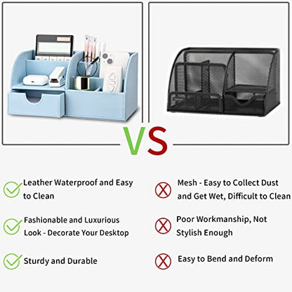 Pu Leather Desk Organizer Pen Pencil Holder Office Supplies Caddy Storage Box 6 Compartments with Drawer Blue - color: Blue