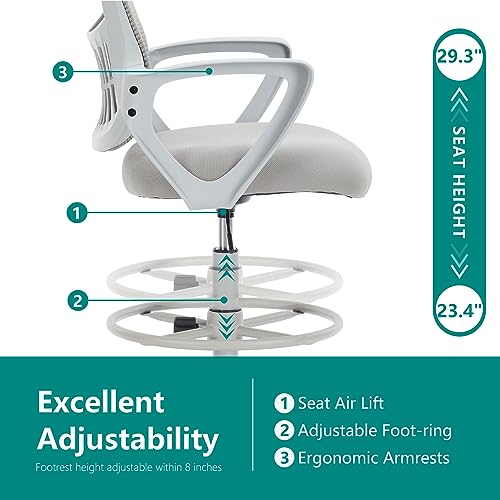 DUMOS Ergonomic Drafting Chair, Tall Office Chair for Standing Desk - color: Dove Gray, size: 18.49"D
