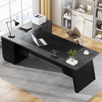 Tribesigns 78" L-Shaped Executive Desk, Large Modern Office Desk with Drawers and Lateral File Cabinet, Business Furniture with Storage Shelves, Big Computer Desk for Home Office (Grey + Blcak) - color: Grey + Blcak