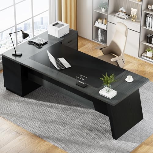 Tribesigns L-Shaped Executive Desk, 78-Inch Modern Office Desk with Drawers and Lateral File Cabinet, Large Bussiness Furniture with Storage Shelves, Workstation for Home Office (Grey + Black) - color: Grey + Black
