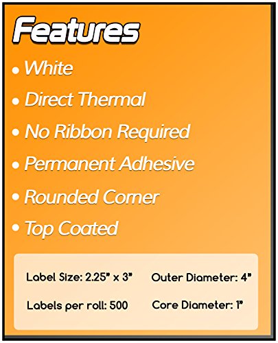 Direct Thermal Labels, 2.25" x 3", 10000 Labels (20 Rolls, 500/Roll) | Compatible with Zebra & Rollo Desktop Printers, 1" Core, Permanent Adhesive, Perforated - size: 2.25" x 3" - 20 Rolls