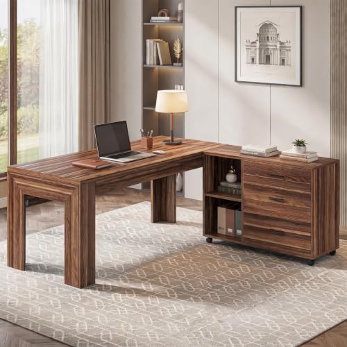 Tribesigns L Shaped Executive Desk with Drawers,Light Walnut | Large Office Desk with Rolling File Cabinet Combo,Home Office Computer Desk,Wooden Desk with Long Front Baffle - color: Light Walnut