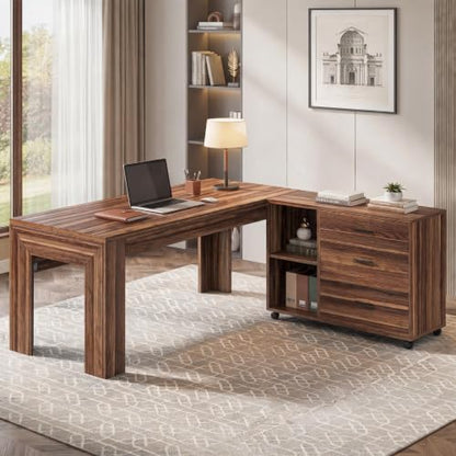 Tribesigns L Shaped Executive Desk with Drawers,Light Walnut | Large Office Desk with Rolling File Cabinet Combo,Home Office Computer Desk,Wooden Desk with Long Front Baffle - color: Light Walnut