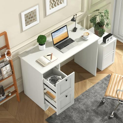 Tangkula White Desk with Drawers & Charging Station, Wooden Home Office Desk PC Laptop Notebook Desk, Compact Study Desk Writing Desk, Computer Workstation Ideal for Home & Office - color: White