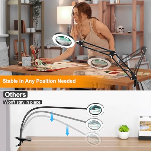 10X Magnifying Glass with Light and Stand, Magnifier with Light Hands Free, 3 Color Modes 10 Level Dimmable, Magnifying Real Glass LED Desk Lamp for Close Work, Repair, Reading, Craft, Black - color: Black