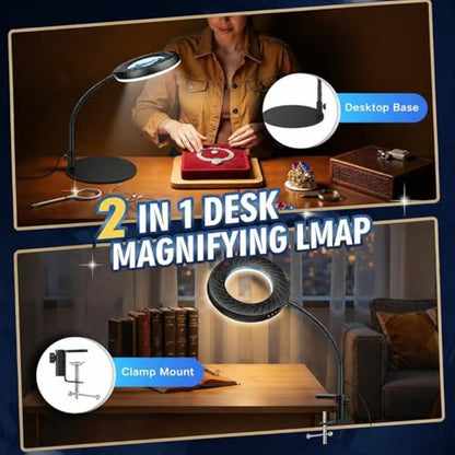12X Magnifying Glass with Light and Stand, LED Magnifying Lamp with Clamp