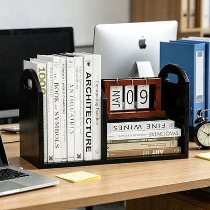 100% Solid Wood Adjustable Desktop Bookshelf, Retro Tabletop Book Shelf File Holder, Vertical Bookshelf Divider Desk Shelf for Home School Office Organization, Perfect for Books Magazine (Black) - color: Black