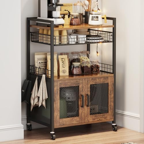 Hencawima Coffee Bar Cabinet, 3 Tier Coffee Station Table on Wheels, 35.9" H Bar Cart with Wire Basket Drawer & 5 Hooks for Home Kitchen, Liquor Buffet Sideboard Cabinet (Rustic Brown) - size: Large