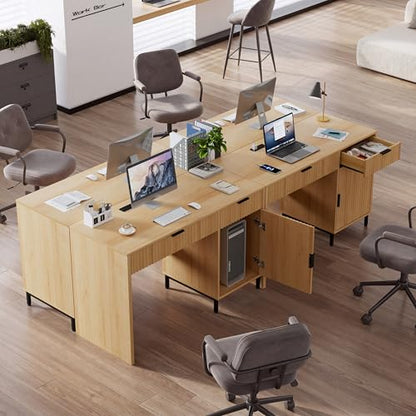 47" Executive Desk with Fluted Drawers, Wooden Home Office Desk with Storage Cabinet, Charging Station, Metal Legs Modern Farmhouse Computer Desk for Work, Study Natural Oak - color: Natural Oak